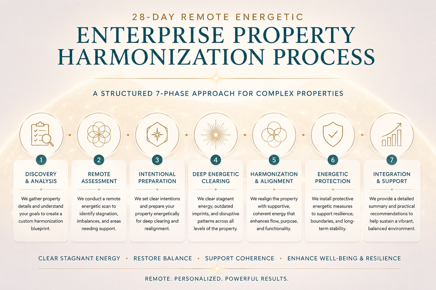 Enterprise Property Harmonization seven-phase remote process showing discovery, assessment, preparation, clearing, alignment, protection, and integration support.