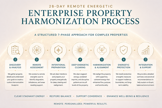 Enterprise Property Harmonization seven-phase remote process showing discovery, assessment, preparation, clearing, alignment, protection, and integration support.