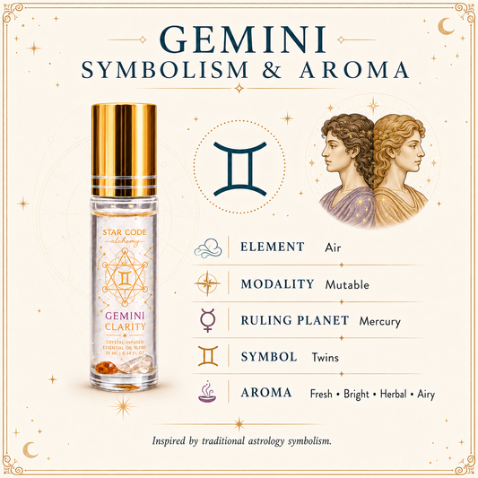Gemini Clarity roll-on with traditional Gemini Air element, Mutable modality, Mercury ruling planet, Twins symbol, and fresh bright herbal airy aroma