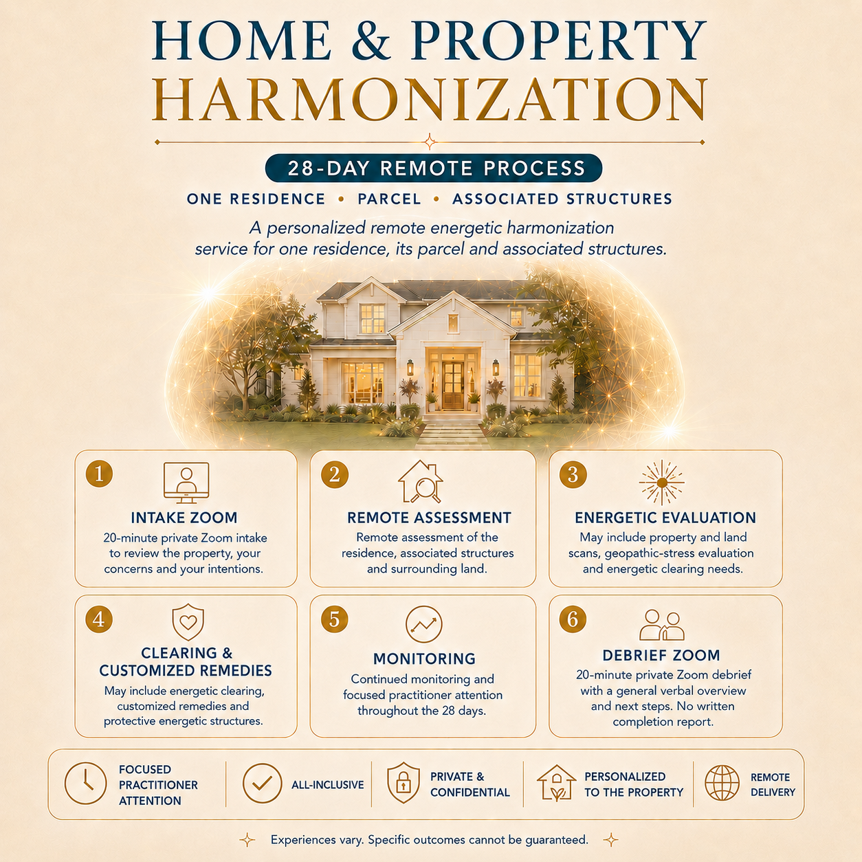 Home and Property Harmonization 28-day remote process showing intake Zoom, remote assessment, energetic evaluation, customized remedies, monitoring and debrief.