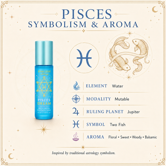 Pisces Dream roll-on with the Pisces glyph, Two Fish, Water element, Mutable modality, Jupiter rulership, and floral aroma profile.