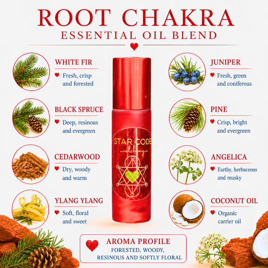 Root Chakra roll-on with White Fir, Black Spruce, Cedarwood, Ylang Ylang, Juniper, Pine, Angelica, and organic coconut oil