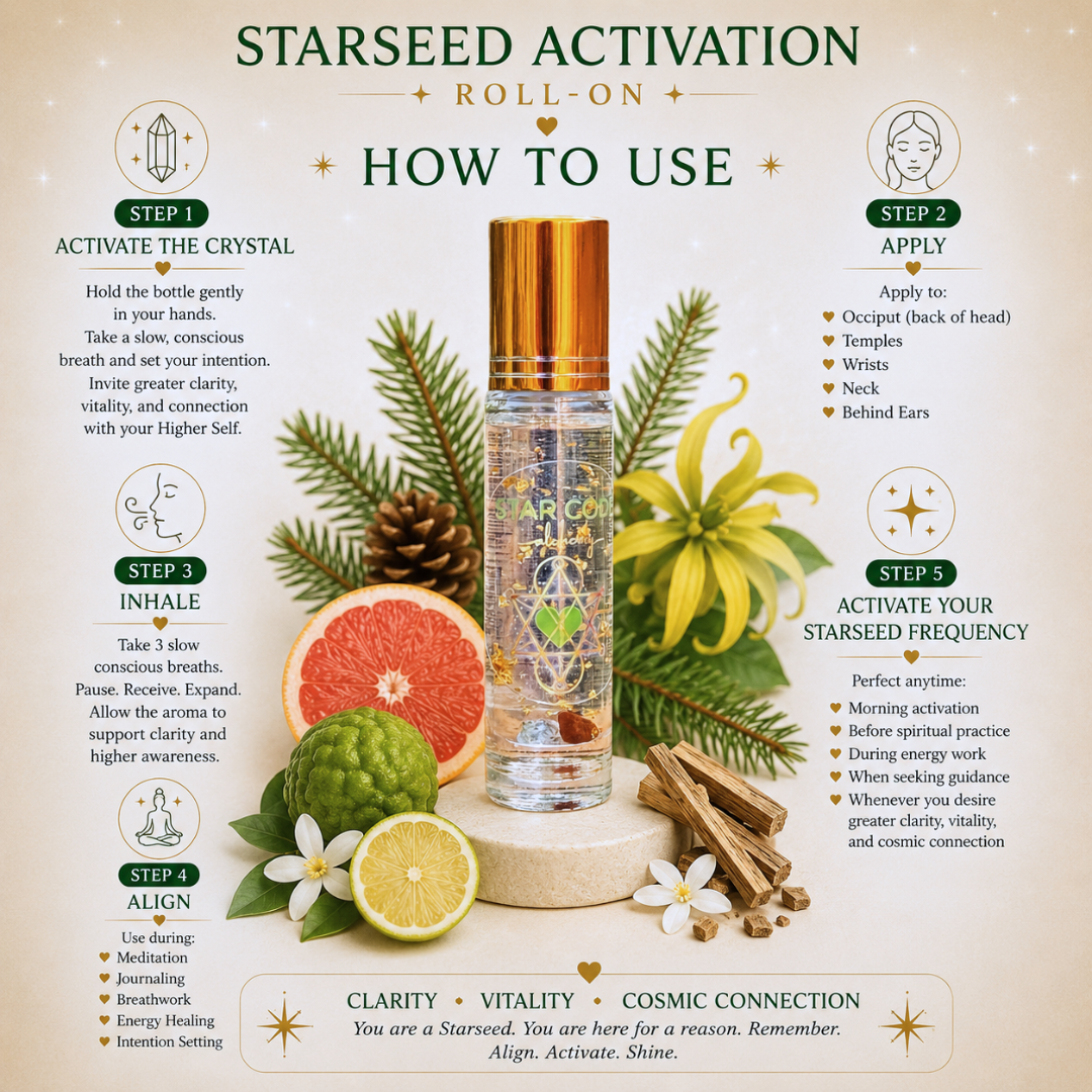 Starseed Activation Roll-On with step-by-step instructions and natural elements on a light background