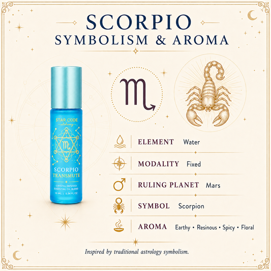 Scorpio Transmute roll-on with the Scorpion, Water element, Fixed modality, Mars rulership, and earthy resinous aroma.