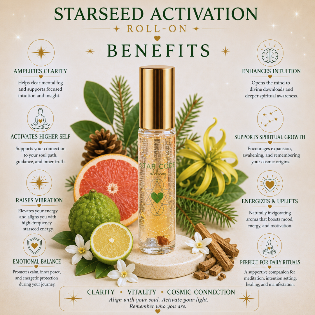 StarSeed Activation Roll-On benefits with a bottle and natural elements on a beige background