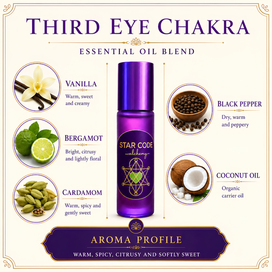 Third Eye Chakra roll-on with Vanilla, Bergamot, Cardamom, Black Pepper, and organic coconut oil