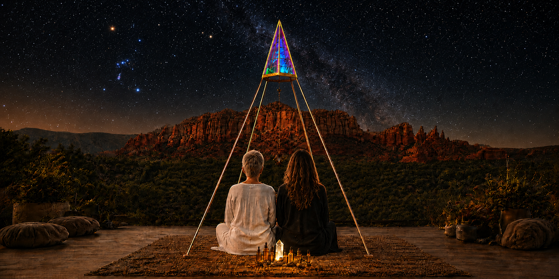 STAR CODE Alchemy founders Barbara Hudak and Nathalie Marie Rivett meditate together inside a crystal-topped copper pyramid beneath Orion and a starry Sedona sky.