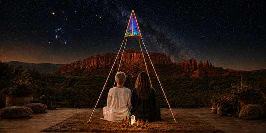 STAR CODE Alchemy founders Barbara Hudak and Nathalie Marie Rivett meditate together inside a crystal-topped copper pyramid beneath Orion and a starry Sedona sky.