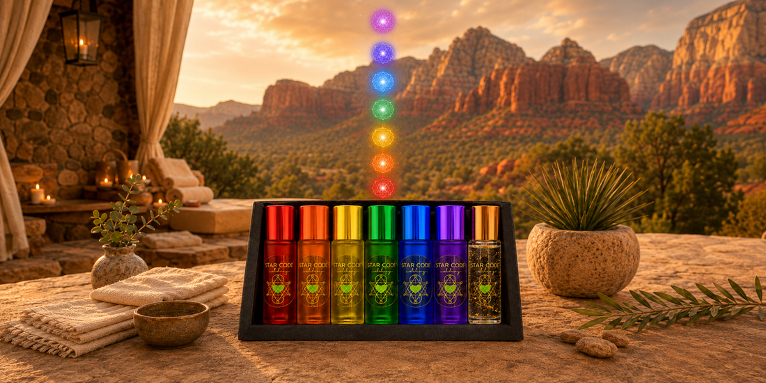 Seven primary chakras overview guide with crystal-infused essential oil roll-ons handcrafted in Sedona Arizona by STAR CODE Alchemy