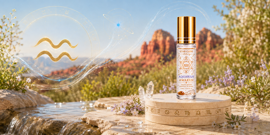 Aquarius Awaken essential oil roll-on with vetiver blue lotus lavender frankincense and cypress for vision and originality handcrafted in Sedona Arizona by STAR CODE Alchemy