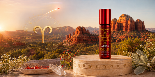 Aries Ignite essential oil roll-on with sacred frankincense ginger black pepper vetiver and sweet orange for courage and new beginnings handcrafted in Sedona Arizona by STAR CODE Alchemy