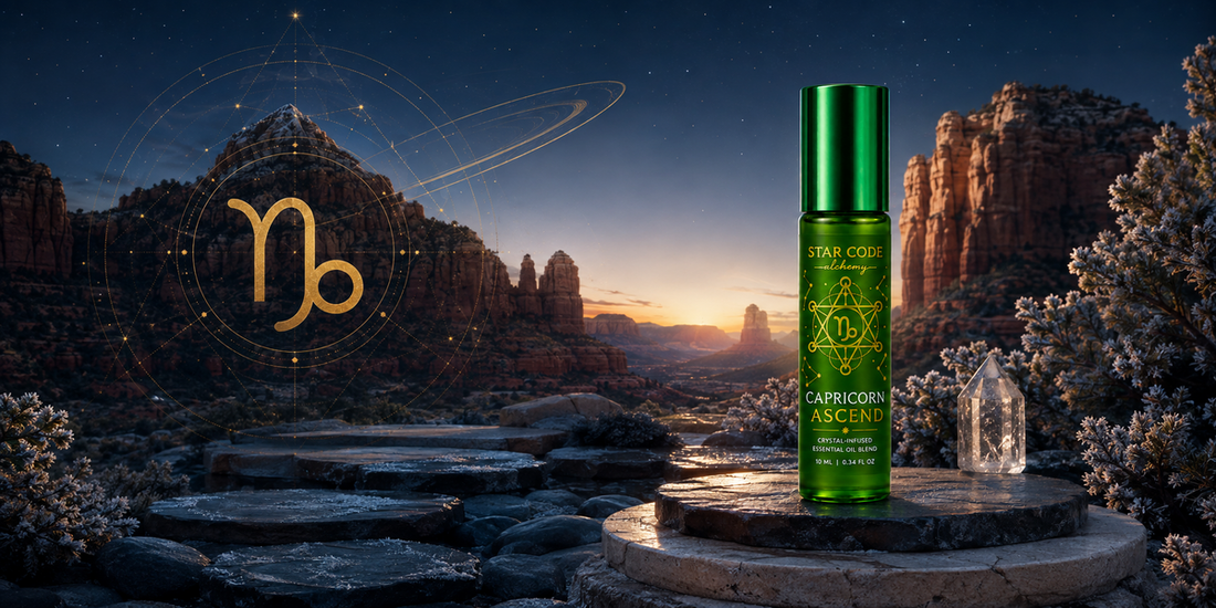 Capricorn Ascend essential oil roll-on with myrrh cedarwood frankincense black spruce and sweet orange for purposeful achievement handcrafted in Sedona Arizona by STAR CODE Alchemy