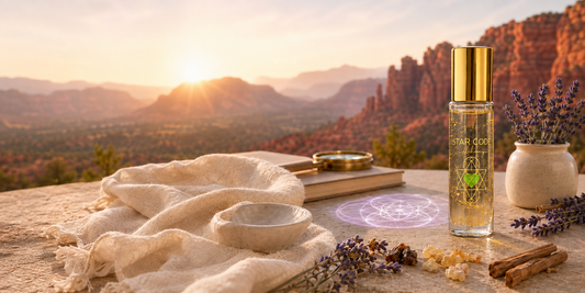 Crown chakra presence and spiritual connection essential oil roll-on with sacred frankincense lavender myrrh and sandalwood handcrafted in Sedona Arizona by STAR CODE Alchemy