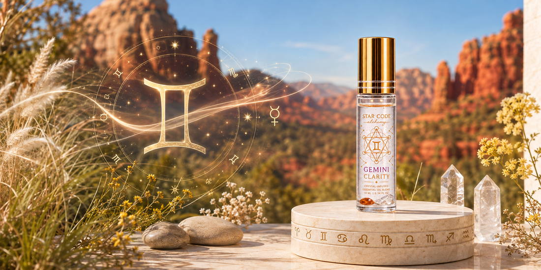 Gemini Clarity essential oil roll-on with eucalyptus radiata bergamot lavender basil and sacred frankincense for mental clarity and communication handcrafted in Sedona Arizona by STAR CODE Alchemy