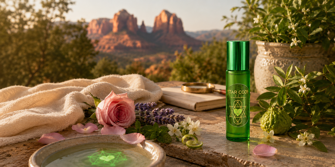 Heart chakra love and compassion essential oil roll-on with rose neroli bergamot and lavender handcrafted in Sedona Arizona by STAR CODE Alchemy