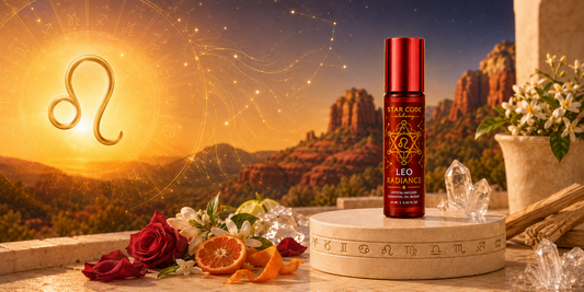 Leo Radiance essential oil roll-on with rose absolute bergamot red mandarin neroli and sandalwood for confidence and creative expression handcrafted in Sedona Arizona by STAR CODE Alchemy