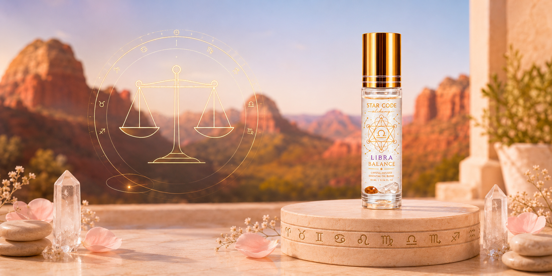 Libra Balance essential oil roll-on with geranium rose absolute lemon sandalwood and ylang ylang for harmony and grace handcrafted in Sedona Arizona by STAR CODE Alchemy