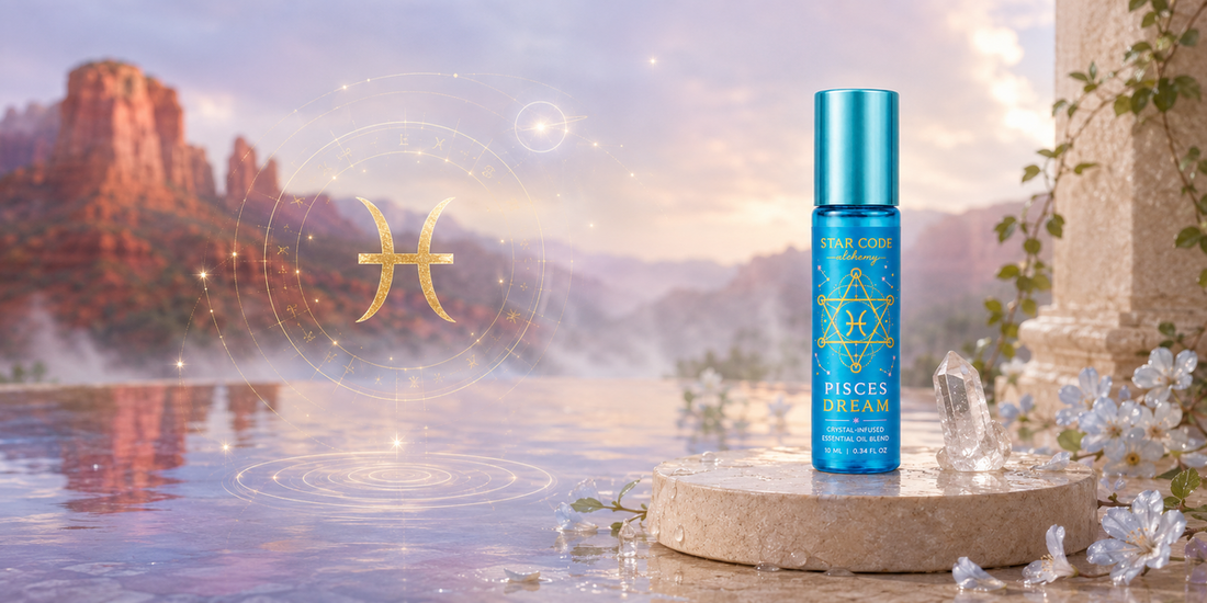 Pisces Dream essential oil roll-on with blue lotus neroli sandalwood copaiba and ylang ylang for imagination and intuition handcrafted in Sedona Arizona by STAR CODE Alchemy