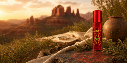 Root chakra grounding essential oil roll-on with black spruce cedarwood and white fir handcrafted in Sedona Arizona by STAR CODE Alchemy