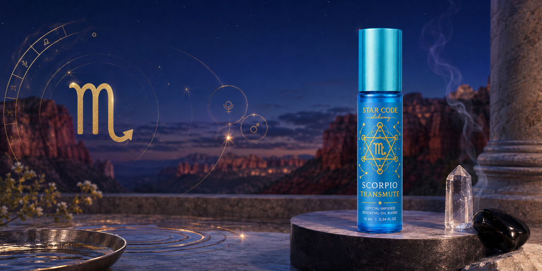 Scorpio Transmute essential oil roll-on with patchouli myrrh clove rose and black spruce for depth and transformation handcrafted in Sedona Arizona by STAR CODE Alchemy