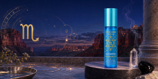 Scorpio Transmute essential oil roll-on with patchouli myrrh clove rose and black spruce for depth and transformation handcrafted in Sedona Arizona by STAR CODE Alchemy