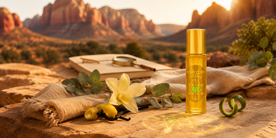 Solar plexus chakra confidence and empowerment essential oil roll-on with lemon lime vanilla and eucalyptus handcrafted in Sedona Arizona by STAR CODE Alchemy