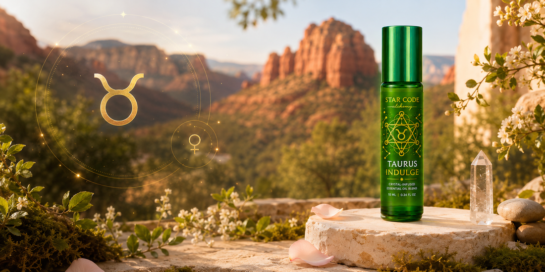 Taurus Indulge essential oil roll-on with vanilla oleoresin rose absolute sandalwood cardamom and ylang ylang for grounded sensuality and self-worth handcrafted in Sedona Arizona by STAR CODE Alchemy