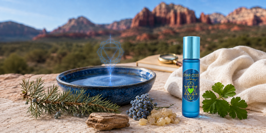 Throat chakra expression and authentic voice essential oil roll-on with frankincense blue tansy and geranium handcrafted in Sedona Arizona by STAR CODE Alchemy