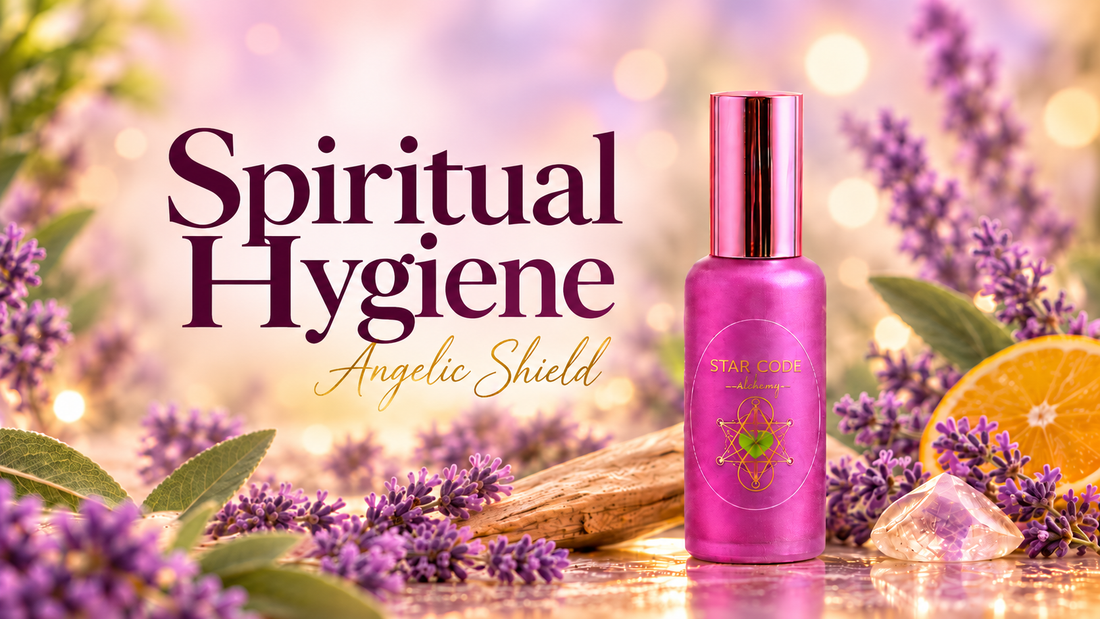 STAR CODE Alchemy Angelic Shield purple botanical mist bottle surrounded by herbs, citrus, crystals, and glowing sacred geometry beside the words Spiritual Hygiene.