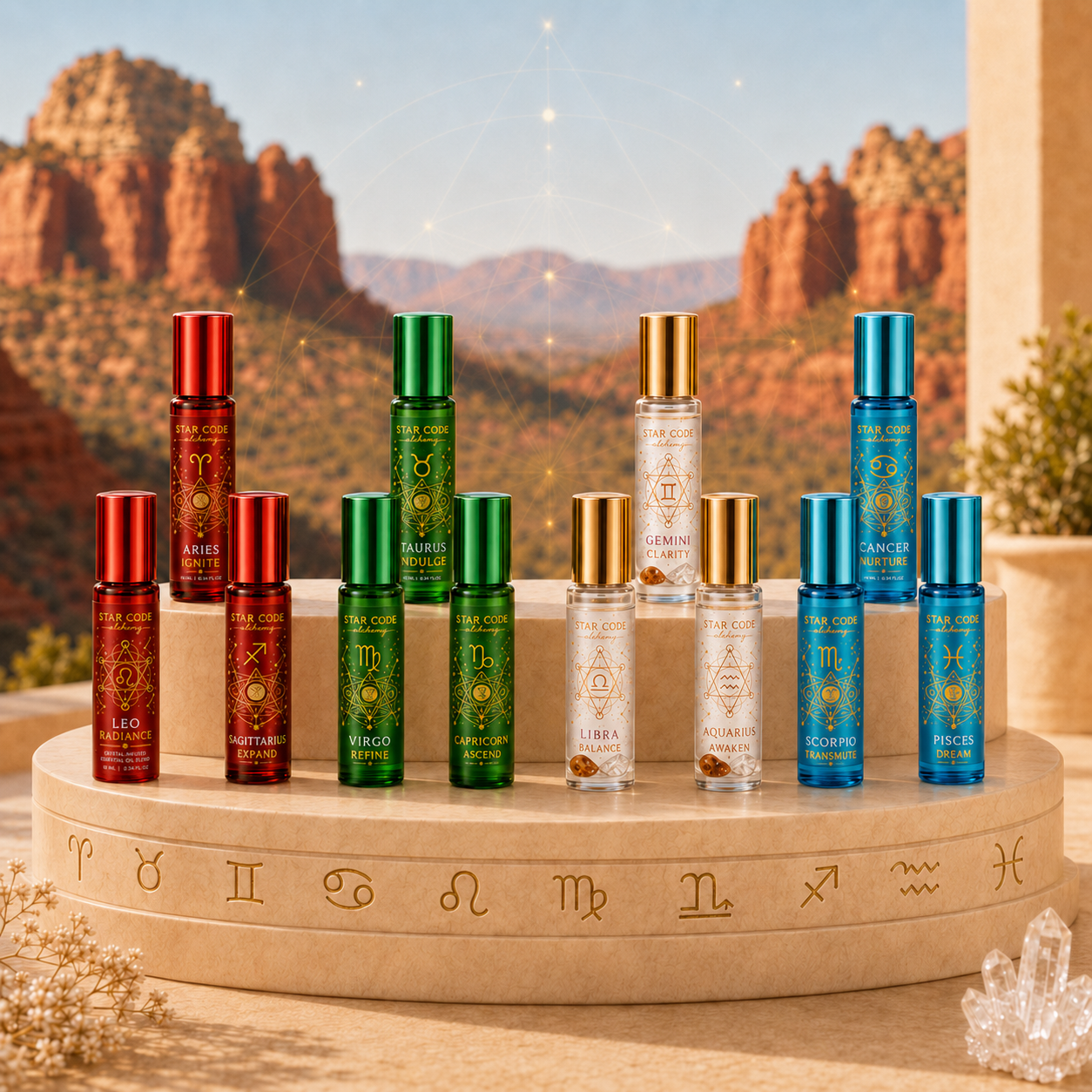 Twelve zodiac essential oil roll-ons arranged in a celestial circle framed by Sedona canyon walls — the Cosmic Archetype Collection by STAR CODE Alchemy