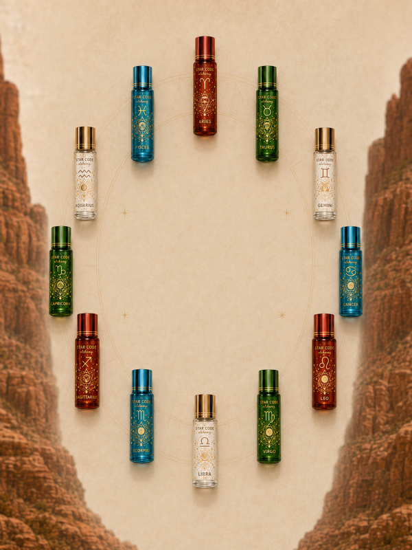 Twelve zodiac essential oil roll-ons arranged in a celestial circle framed by Sedona canyon walls — the Cosmic Archetype Collection by STAR CODE Alchemy