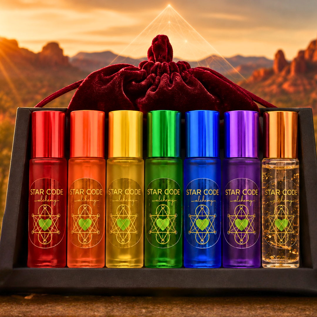 7 Chakra essential oil set with pyramid — STAR CODE Alchemy Sedona red rocks