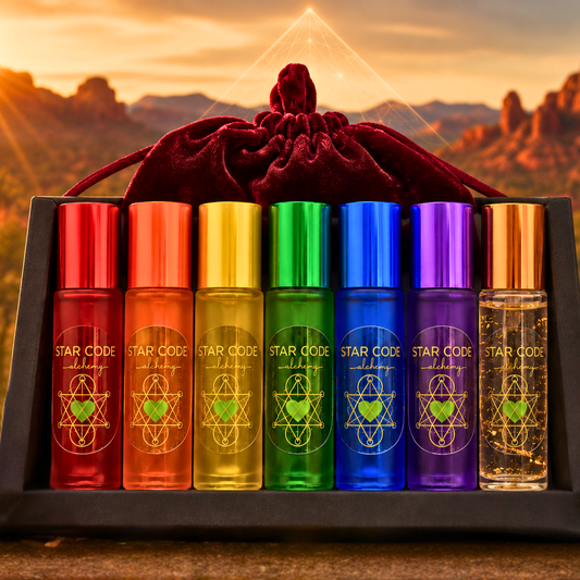 7 Chakra essential oil set with pyramid — STAR CODE Alchemy Sedona red rocks