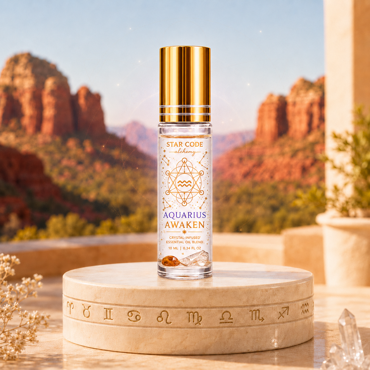 Aquarius Awaken essential oil roll-on displayed against the red rocks of Sedona, Arizona.