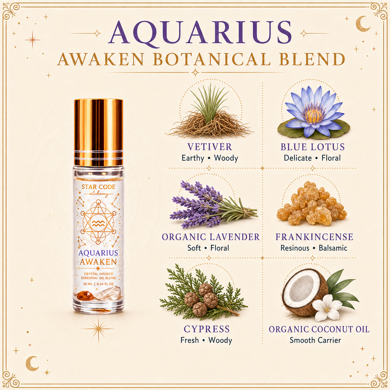 Aquarius Awaken roll-on with vetiver, blue lotus, organic lavender, frankincense, cypress, and organic coconut oil.