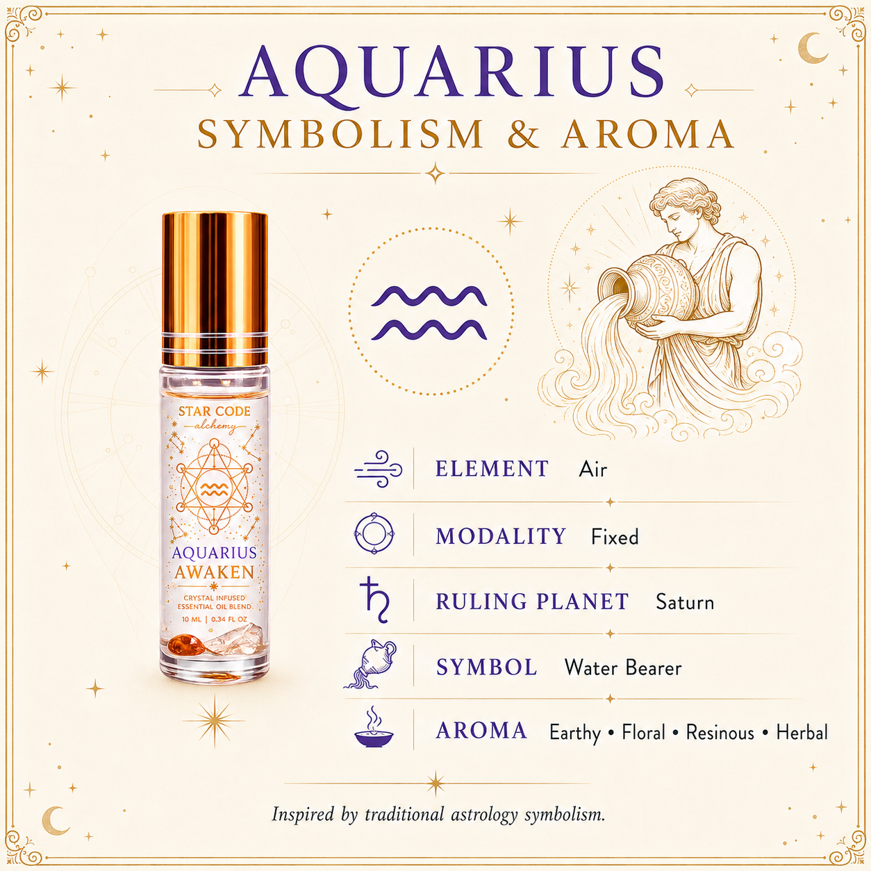 Aquarius Awaken roll-on with the Water-Bearer, Air element, Fixed modality, Saturn rulership, and earthy floral aroma.