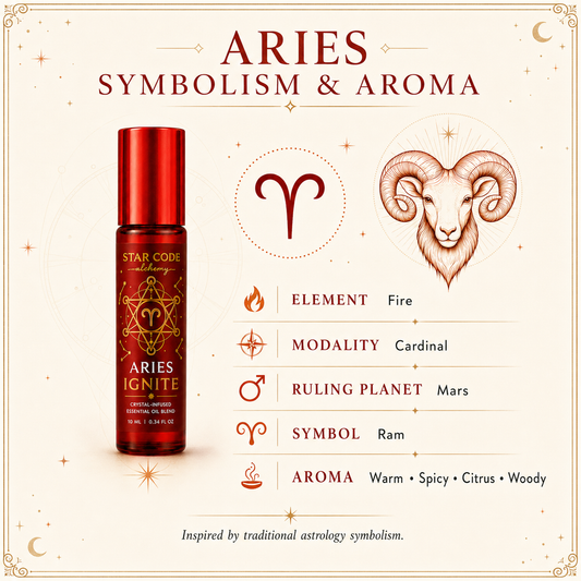 Aries Ignite roll-on with traditional Aries Fire element, Cardinal modality, Mars ruling planet, Ram symbol, and warm spicy citrus woody aroma