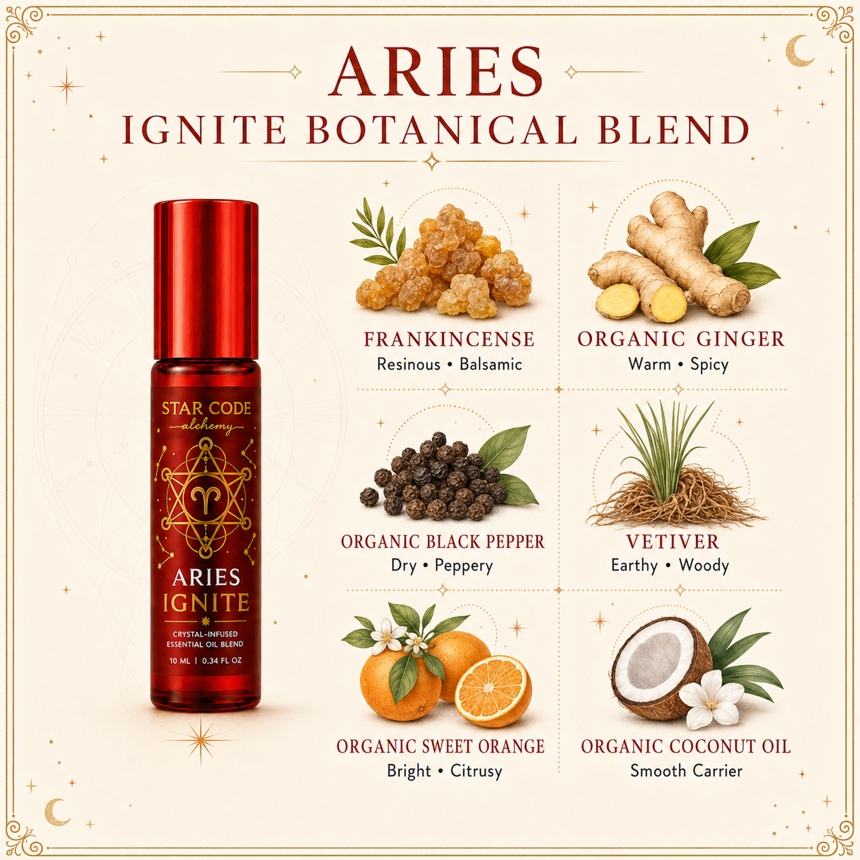 Aries Ignite roll-on with Frankincense, organic Ginger, organic Black Pepper, Vetiver, organic Sweet Orange, and organic coconut oil