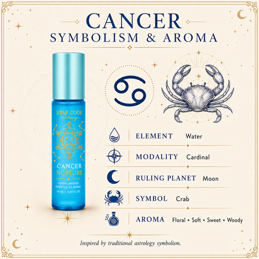 Cancer Nurture roll-on with traditional Cancer Water element, Cardinal modality, Moon ruling planet, Crab symbol, and floral soft sweet woody aroma