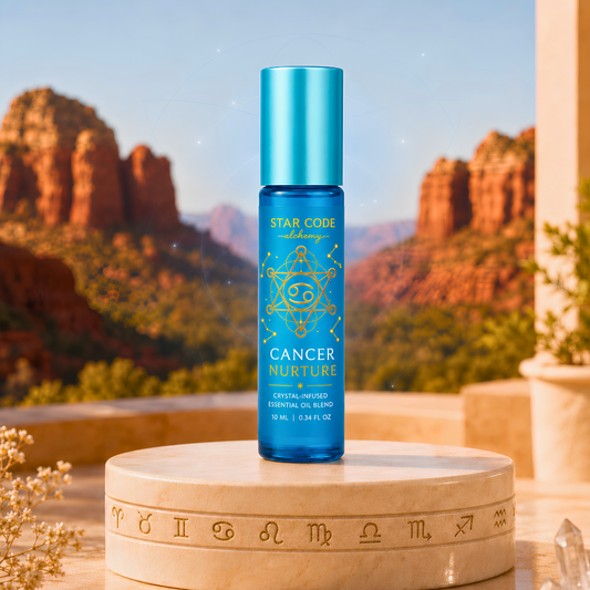 Star Code Alchemy Cancer Nurture essential oil roll-on displayed on a zodiac pedestal with Sedona red rocks and clear quartz