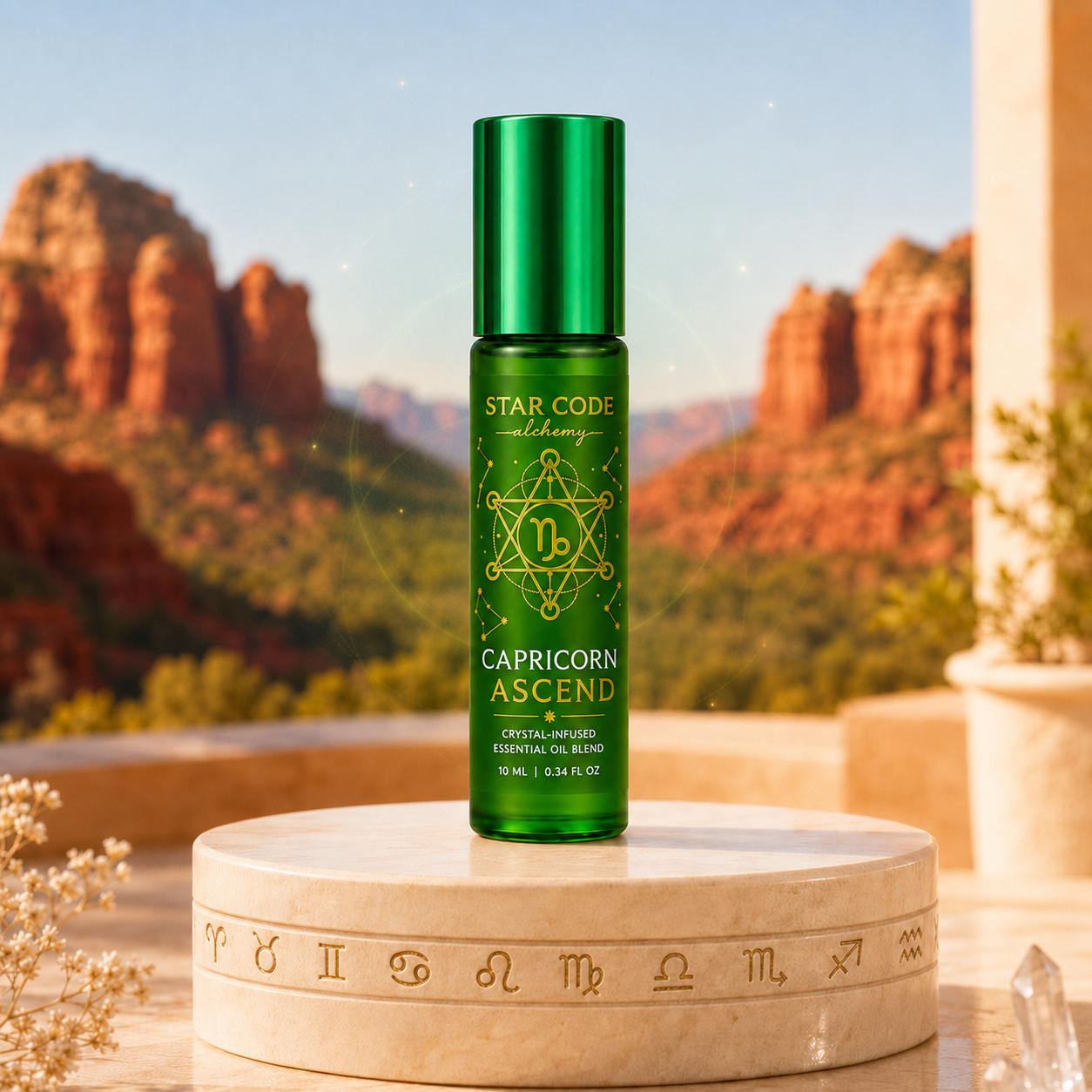 Capricorn Ascend essential oil roll-on displayed against the red rocks of Sedona, Arizona.