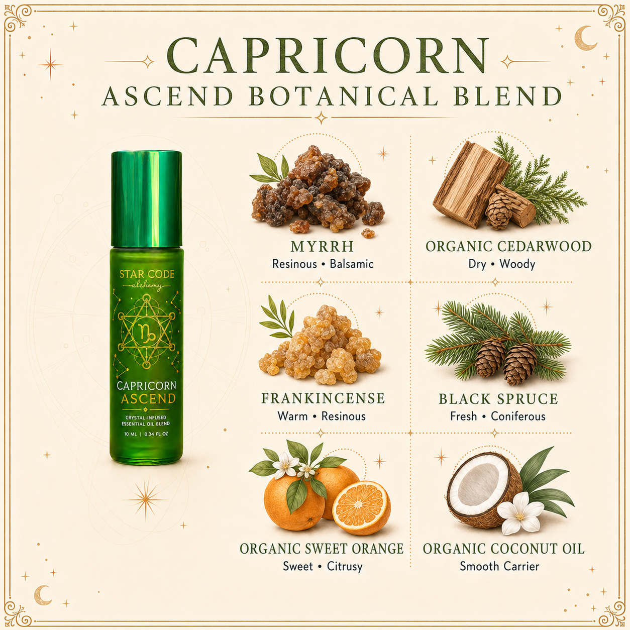 Capricorn Ascend roll-on with myrrh, organic cedarwood, frankincense, black spruce, organic sweet orange, and organic coconut oil.