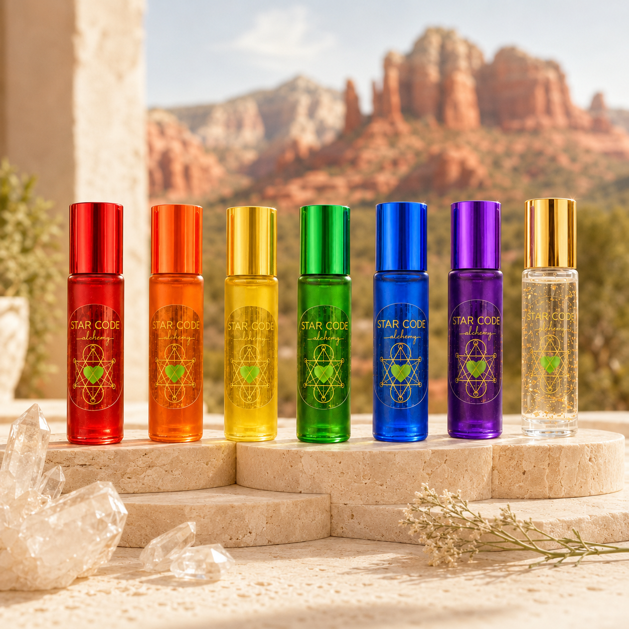 Seven Star Code Alchemy chakra essential oil roll-ons arranged on Sedona red rock with crystals and gold sacred geometry