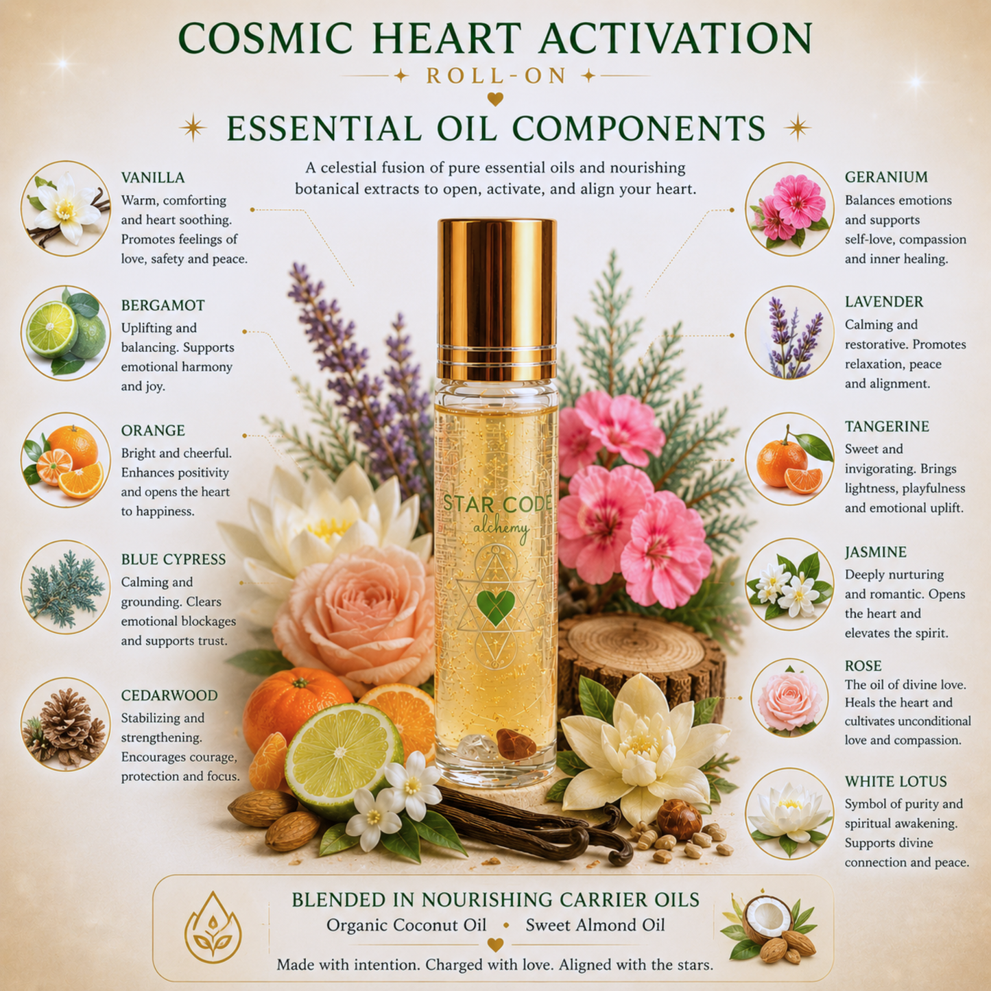 Cosmic Heart Activation essential oil blend ingredients — STAR CODE Alchemy Sedona