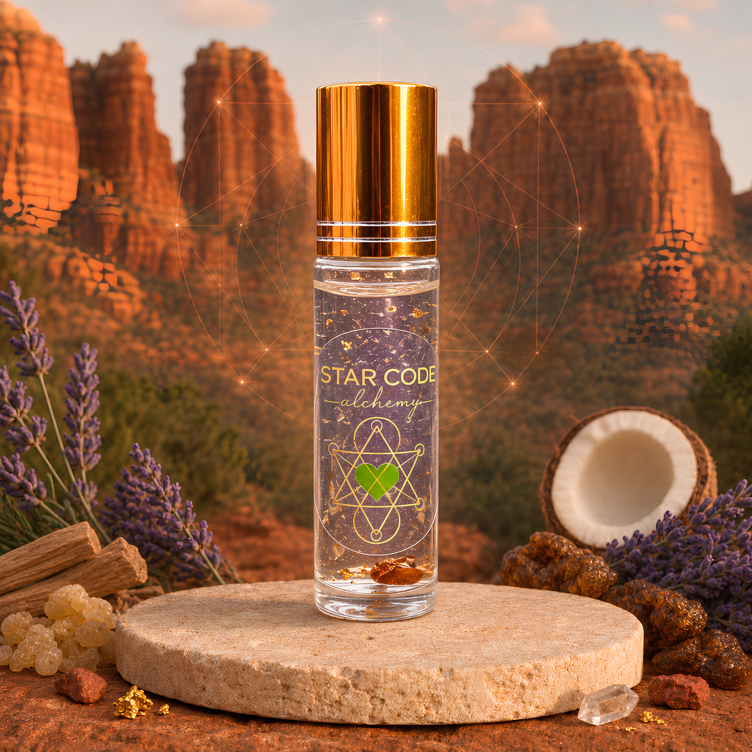 Star Code Alchemy Crown Chakra roll-on in Sedona with botanical ingredients, red rocks, gold flakes, and a small clear quartz crystal