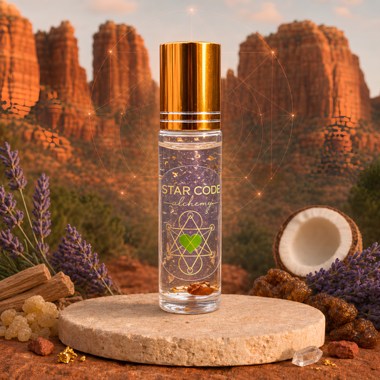 Star Code Alchemy Crown Chakra roll-on in Sedona with botanical ingredients, red rocks, gold flakes, and a small clear quartz crystal