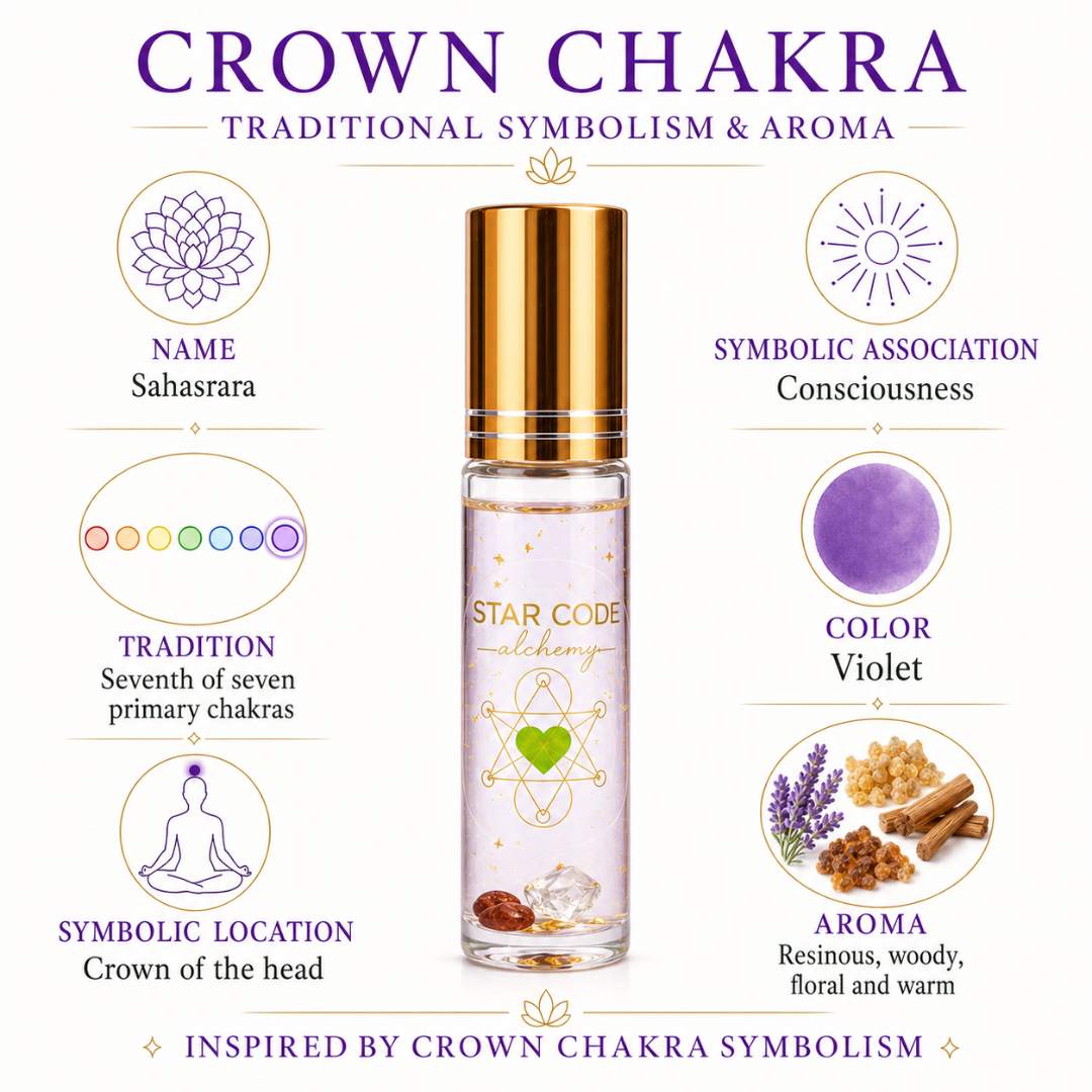 Crown Chakra roll-on with Sahasrara symbolism, violet color, consciousness association, and resinous woody aroma