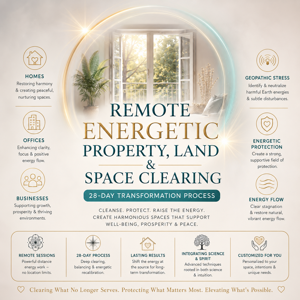 Remote energetic property, land, and space clearing services with a blurred window background.