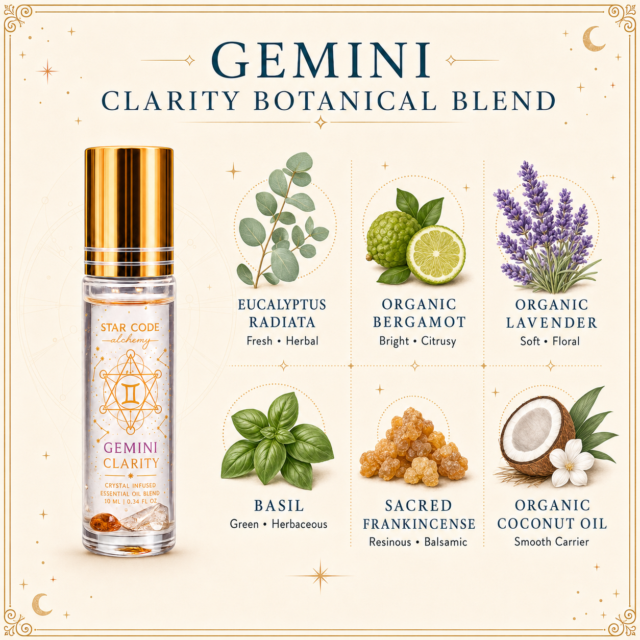 Gemini Clarity roll-on with Eucalyptus Radiata, organic Bergamot, organic Lavender, Basil, Sacred Frankincense, and organic coconut oil