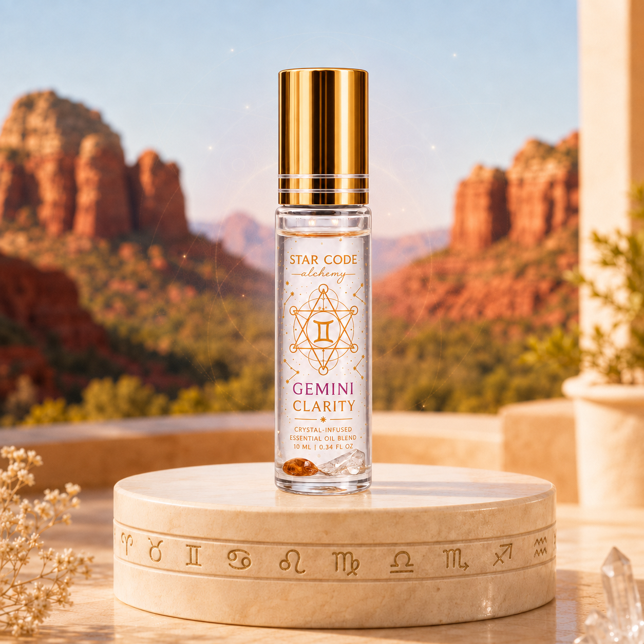Star Code Alchemy Gemini Clarity essential oil roll-on displayed on a zodiac pedestal with Sedona red rocks and clear quartz
